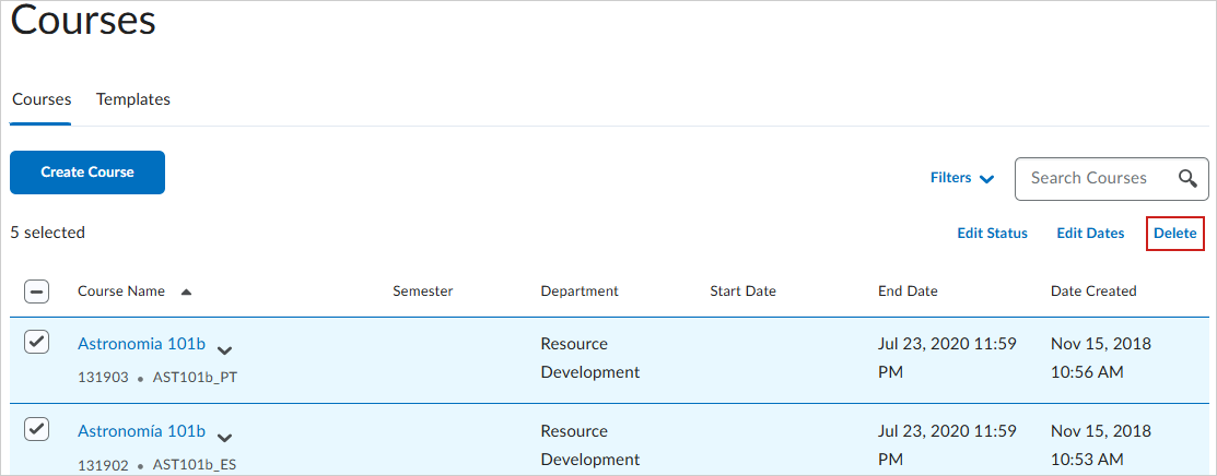 The Courses tab of the Courses page. Two courses are selected. The Delete option is emphasized.