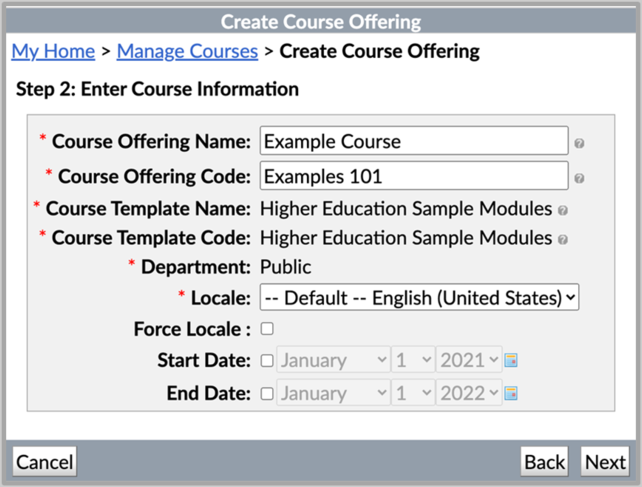 The Create Course Offering interface