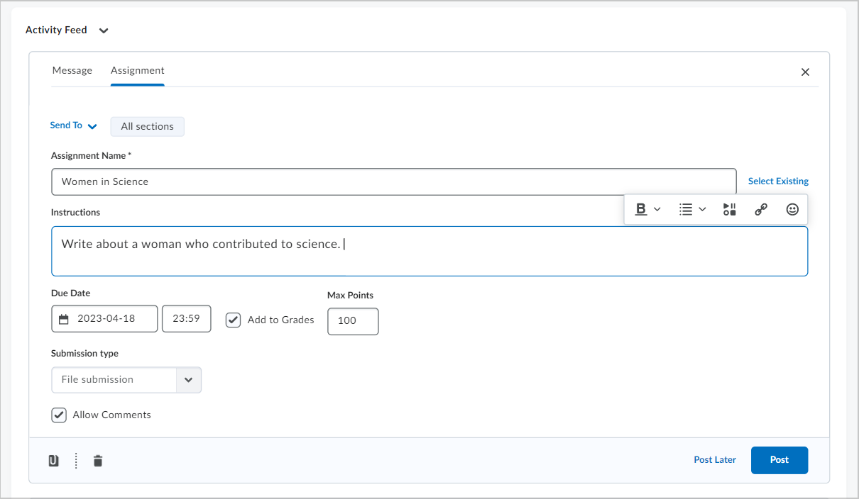 The Assignment post creation tab. The Assignment Name, Instructions, Due Date, Max Points, and Submission Type fields are visible.