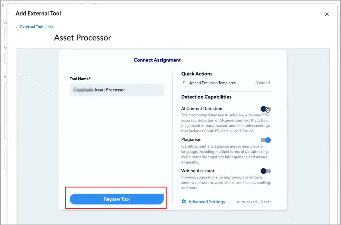 A pop-up appears with the custom settings for an external learning tool. The Register Tool button is outlined in red for emphasis.