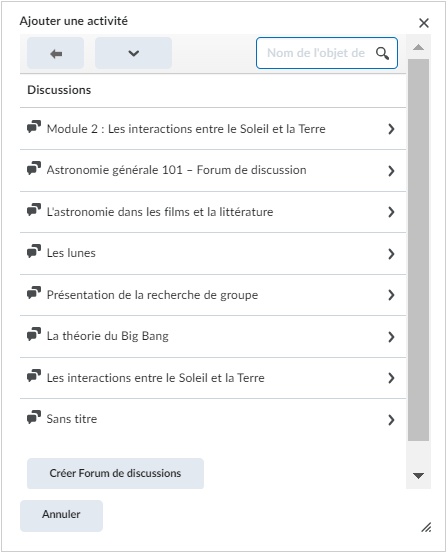 La fenêtre Ajouter une activité dresse la liste des sujets de discussion.