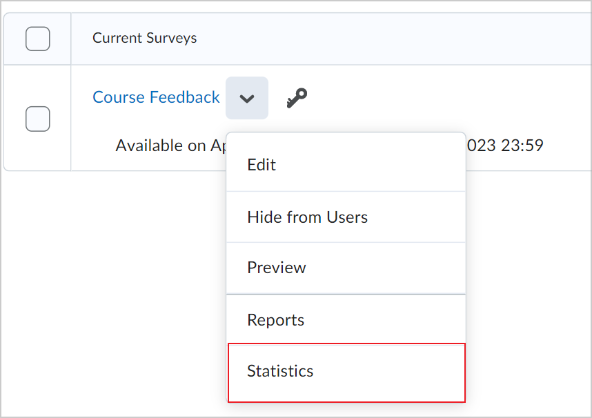 The Statistics option in a survey's Actions menu.