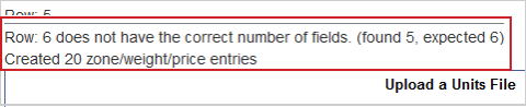 Un mensaje de error para un archivo CSV donde hay problemas, con los campos con problemas enumerados.