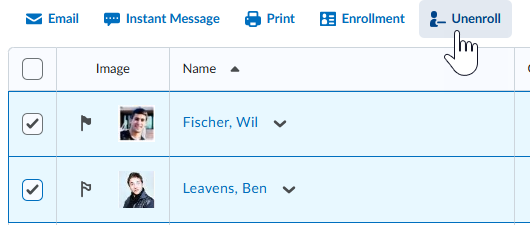 The Unenroll button at the top of the list of users.