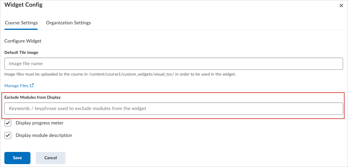 The Exclude Modules from Display option of the Table of Contents widget.