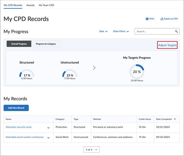 The Adjust Targets button in the My CPD Records dashboard