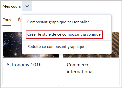 L'option Styliser ce composant graphique du menu contextuel du composant graphique Mes cours.