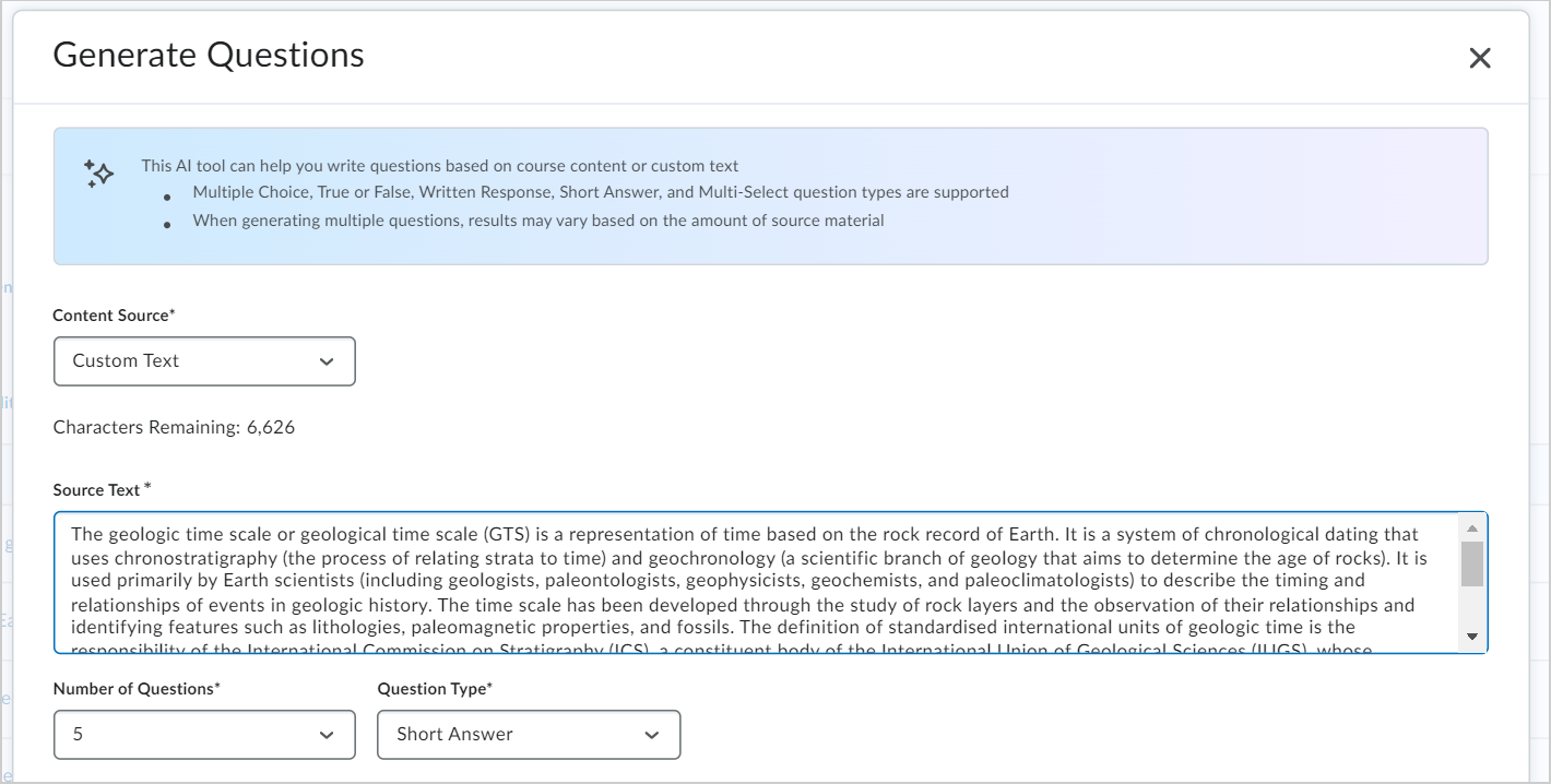 The Generate Questions dialog showing the Content Source, Number of Questions, and Question Type drop-down menus and the Source Text field.