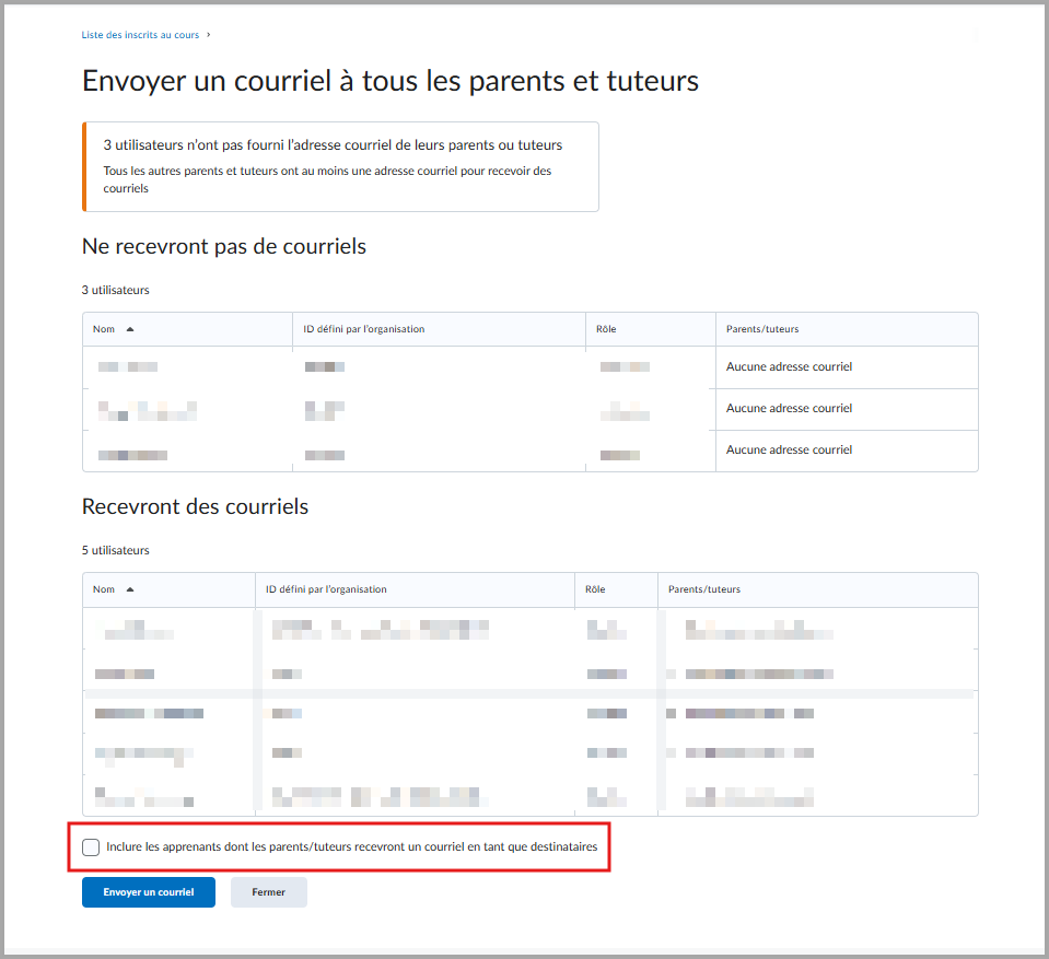 Case à cocher non sélectionnée permettant d’inclure les étudiants comme destinataires sur la page Envoyer un courriel à tous les parents et tuteurs