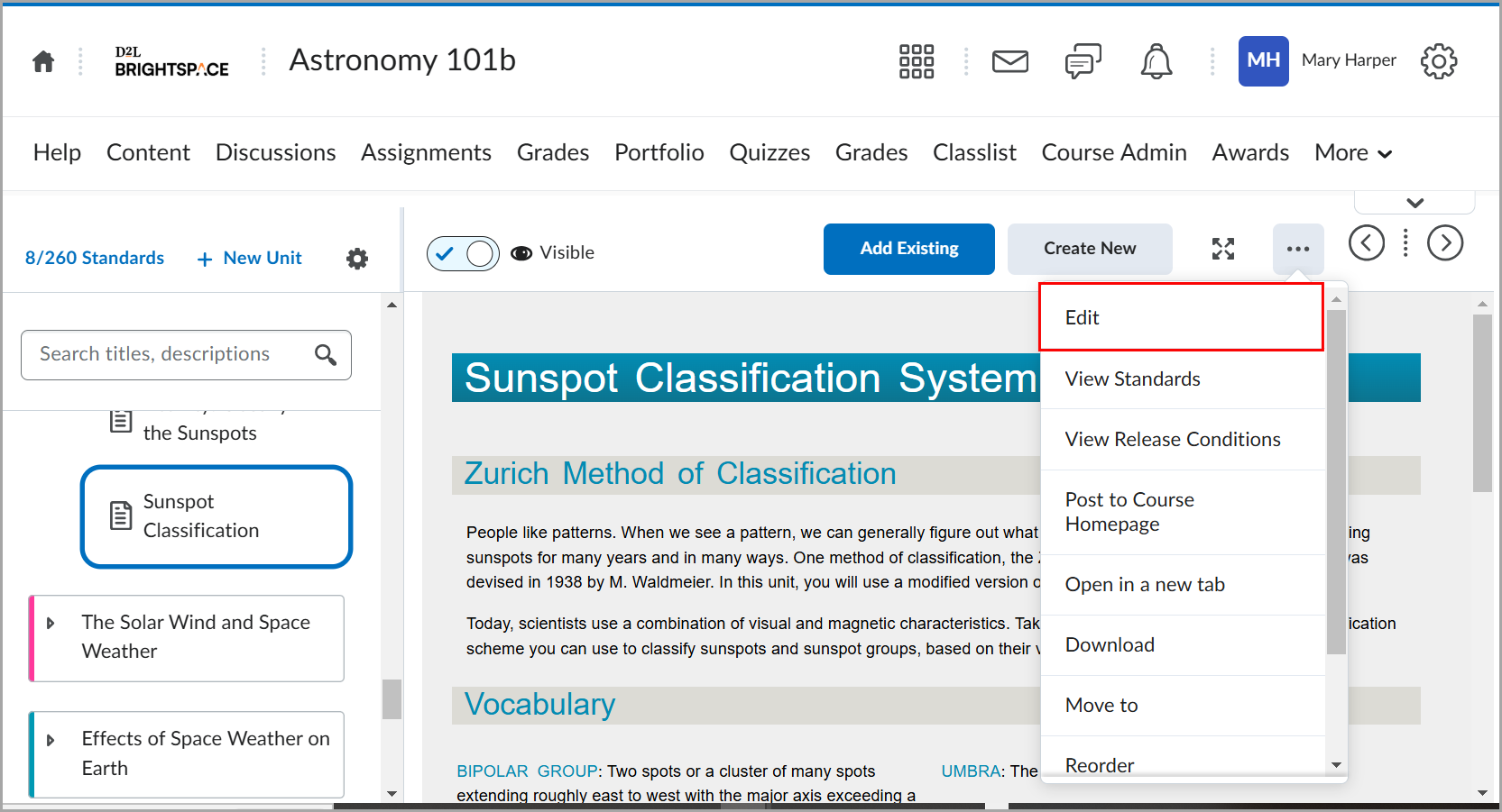 The Options menu in the Content tool showing the Edit option for a content topic