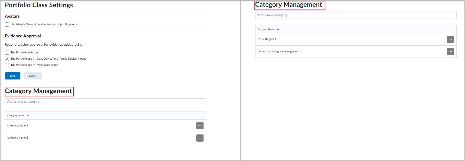 Comparación lado a lado de la interfaz anterior: (izquierda) Configuración de clase de Portafolio que muestra “Administración de categorías”; (derecha) Herramienta de administración que muestra “Administración de categorías”.