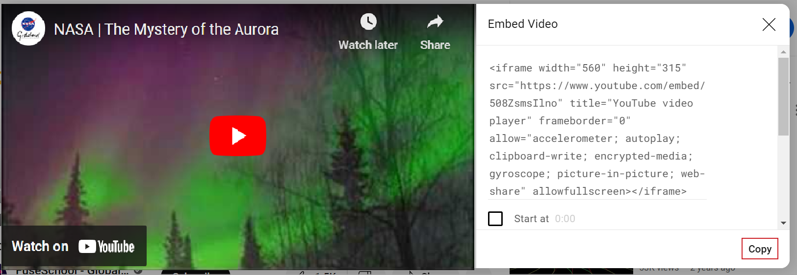 Une vignette de la vidéo et son code incorporé s’affichent dans le panneau de droite. Le bouton Copier s'affiche dans le bas de l'écran.