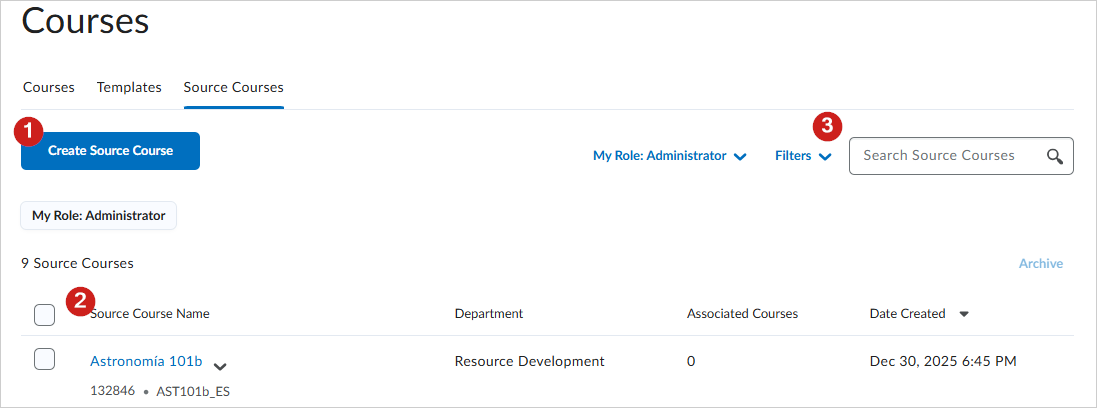 Source Course tab selected showing a list of source courses with page elements called out
