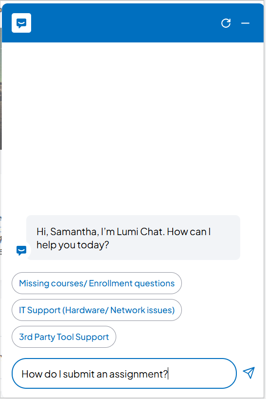 The Lumi Chat window showing a question about submitting assignments