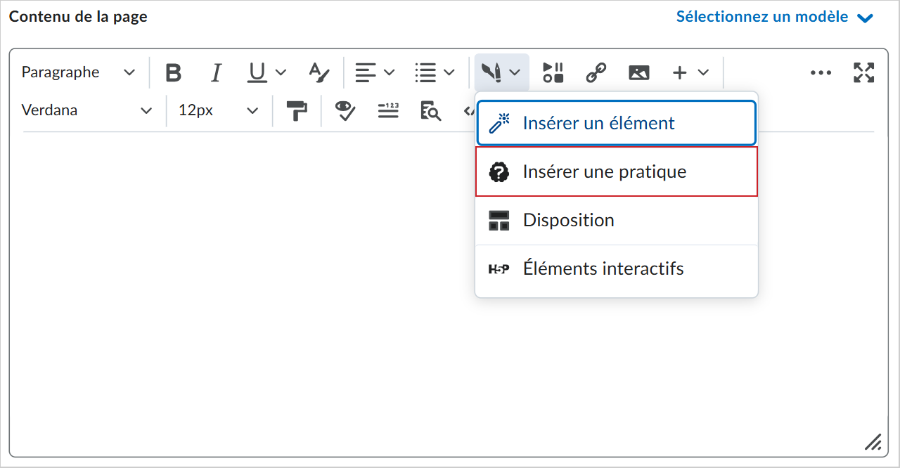 La barre d'outils de l'Éditeur de Brightspace dans laquelle le menu déroulant Insérer est développé. L'option Insérer un exercice est mise en évidence avec une bordure rouge.