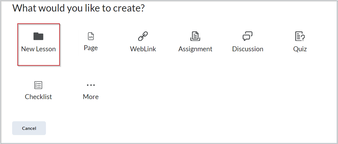 La page Que voulez-vous créer? présente l'option Nouvelle leçon.