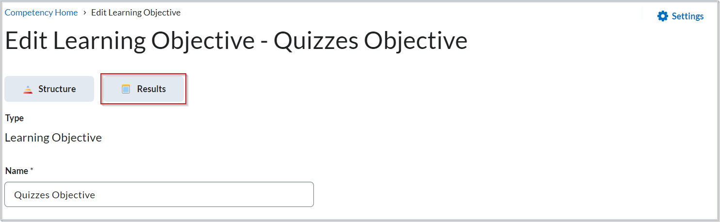 The Edit Learning Objective page with the Results button highlighted.