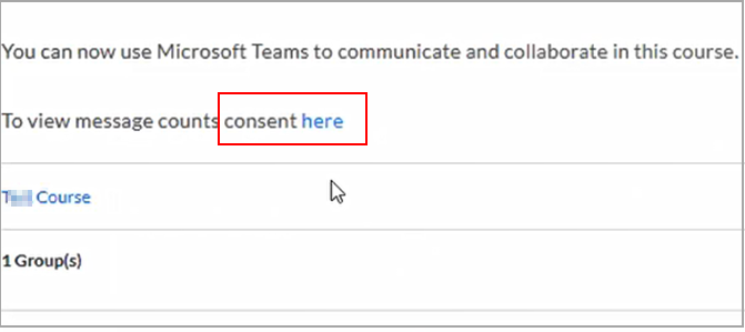 El enlace de consentimiento para el recuento de mensajes aparece en Microsoft Teams