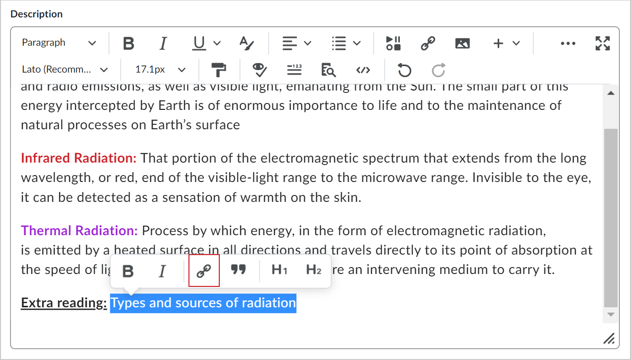 O menu de contexto do texto que mostra o botão do hiperlink.