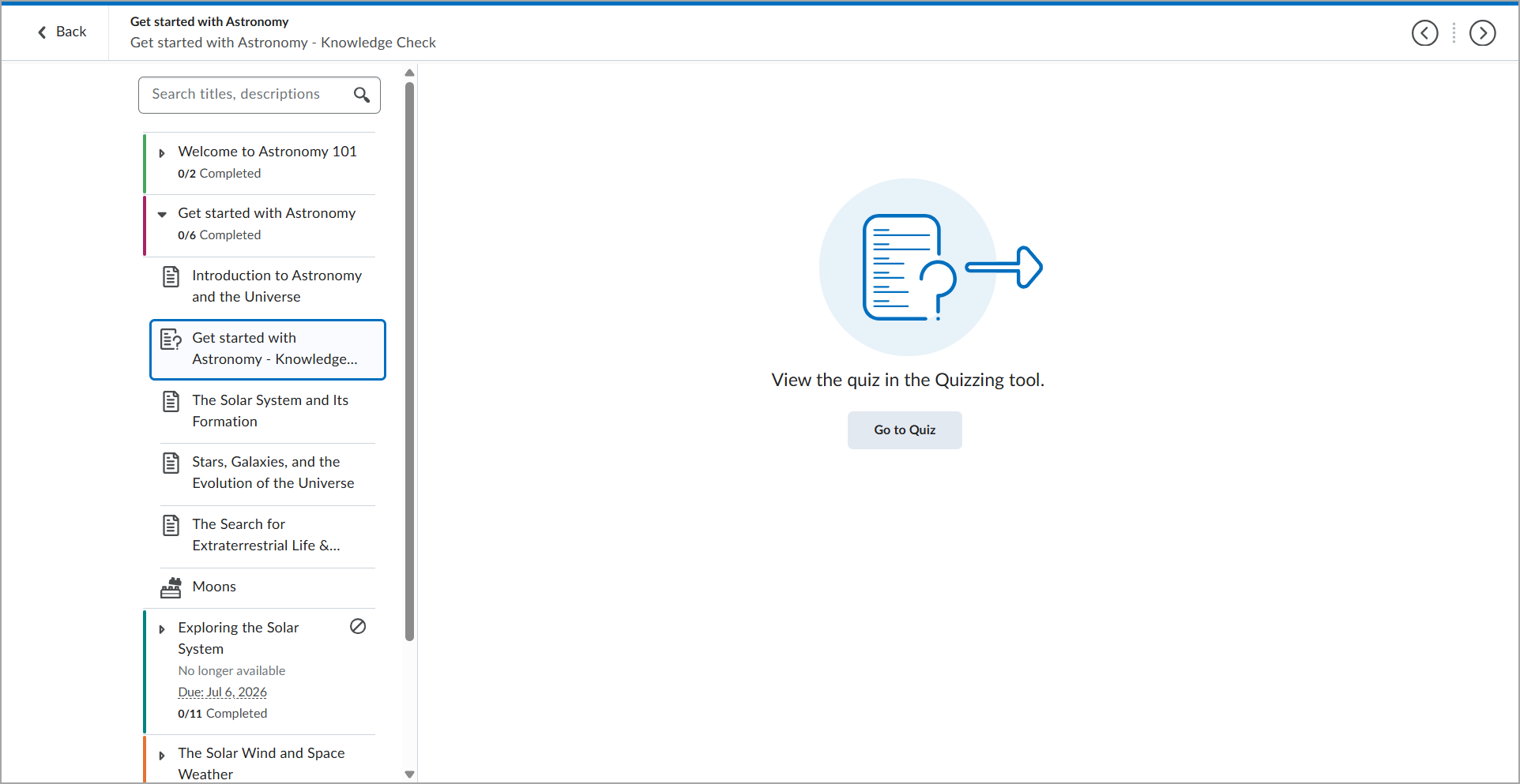 A quiz displayed in the New Content Experience without in-line display enabled and Go to Quiz button visible
