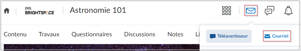 L’icône Alertes de message avec l’option Courriel mise en évidence.
