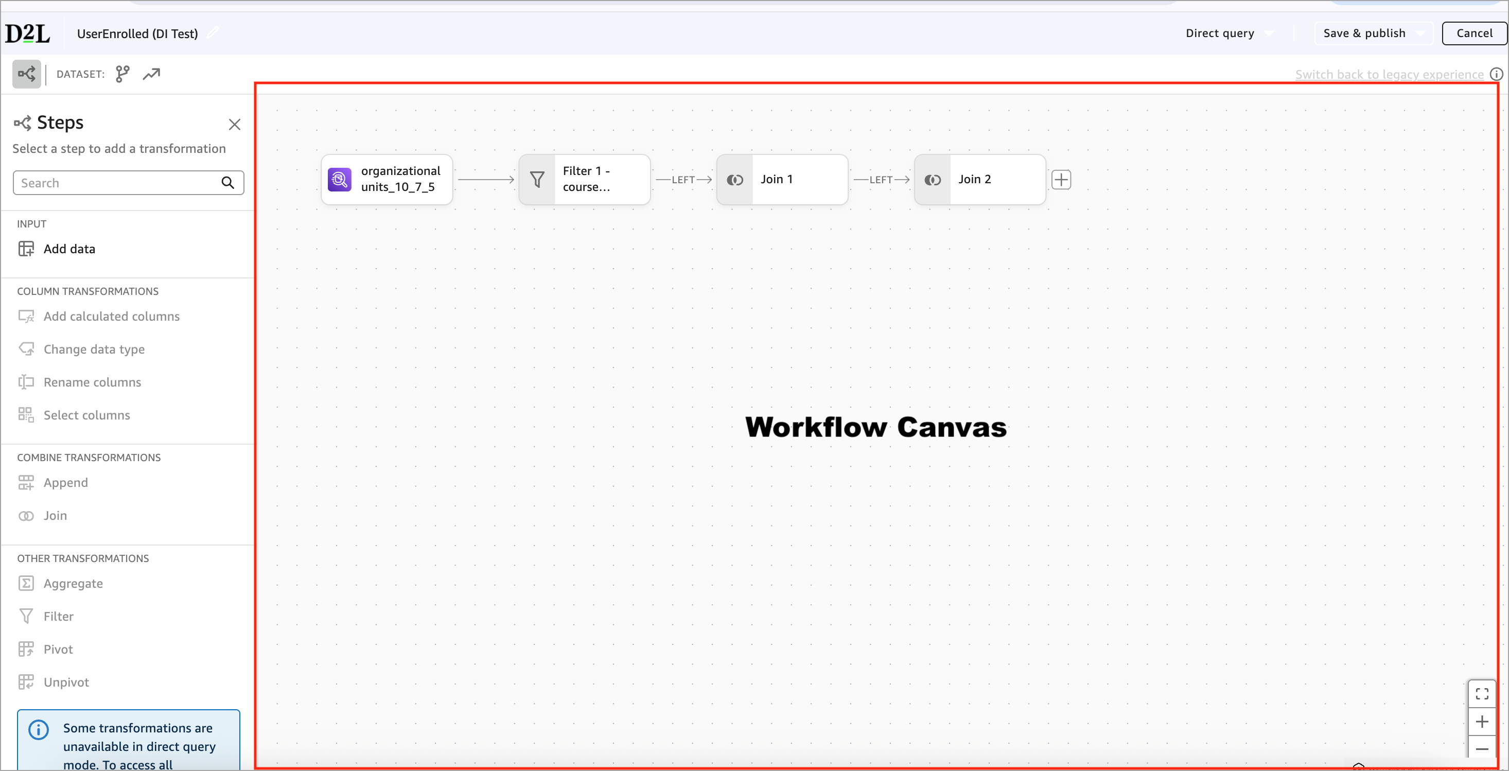 Analytics Builder workflow-canvas met gekoppelde stappen voor filters en joins in een gegevensset-workflow.