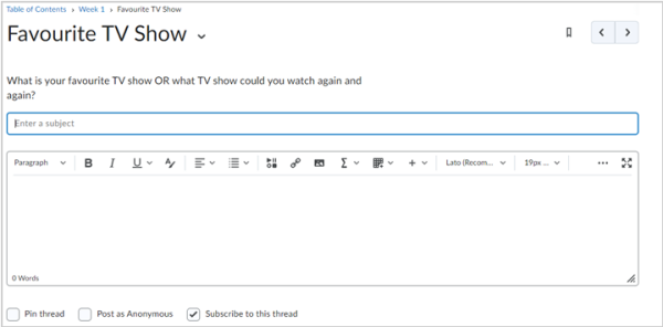 Subject and body fields of a discussion post, including the posting options Pin thread, Post as Anonymous, and Subscribe to this thread.