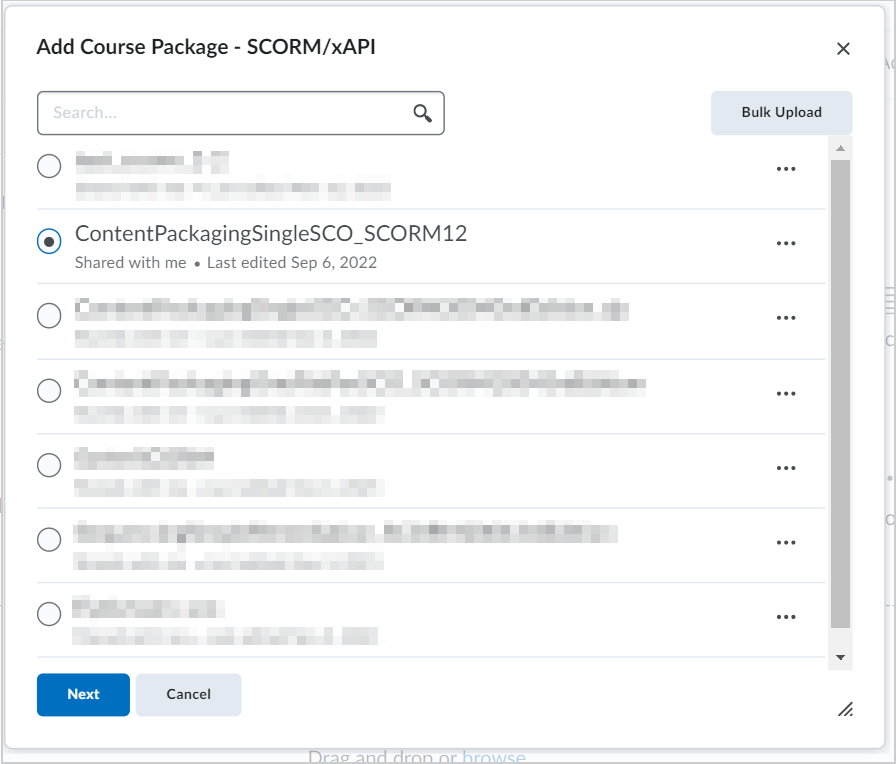 The Add Course Package dialog showing a selected course package and the Next option