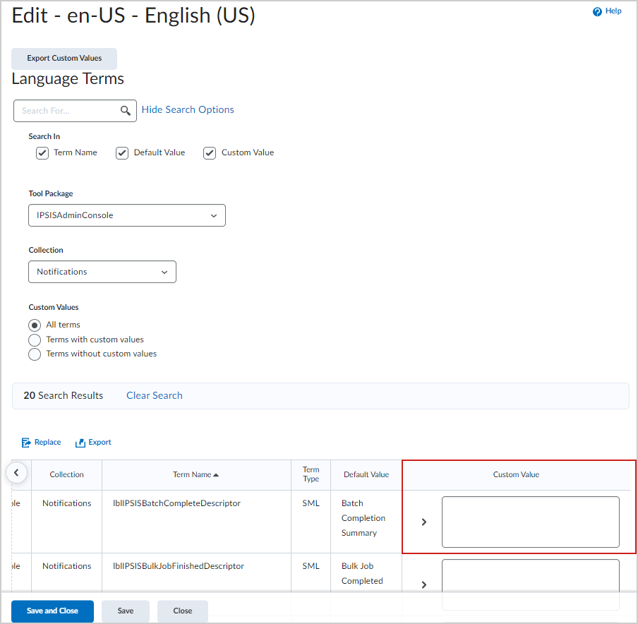 The Custom Value field of the search results.