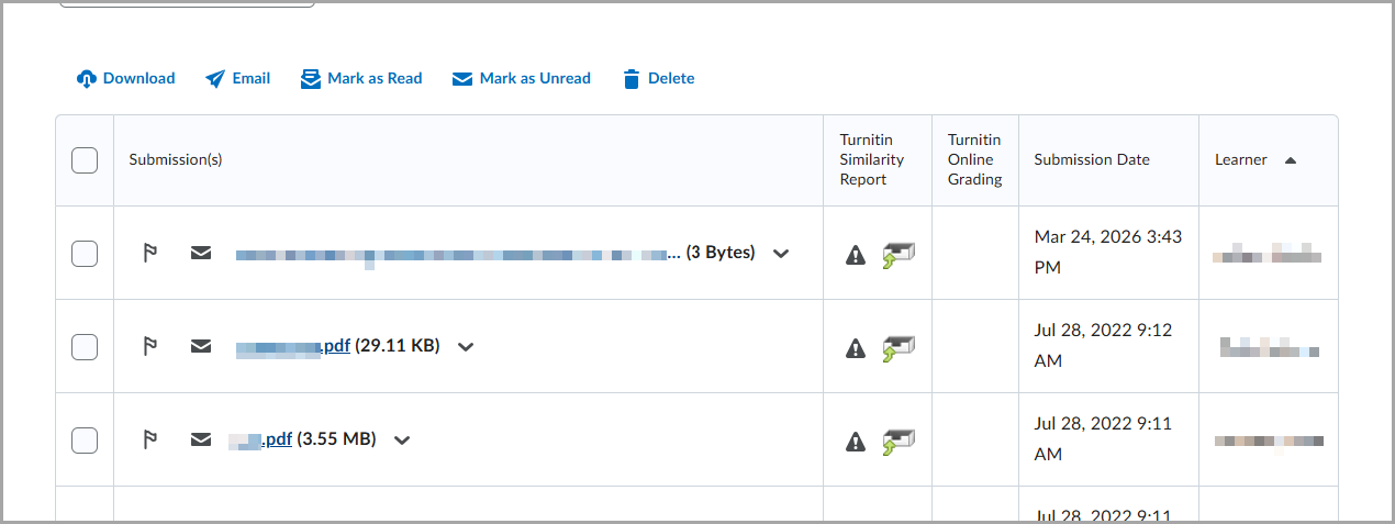 The submissions page after the update showing files, Turnitin report status, submission dates, and learner names, with download, email, and delete actions above.