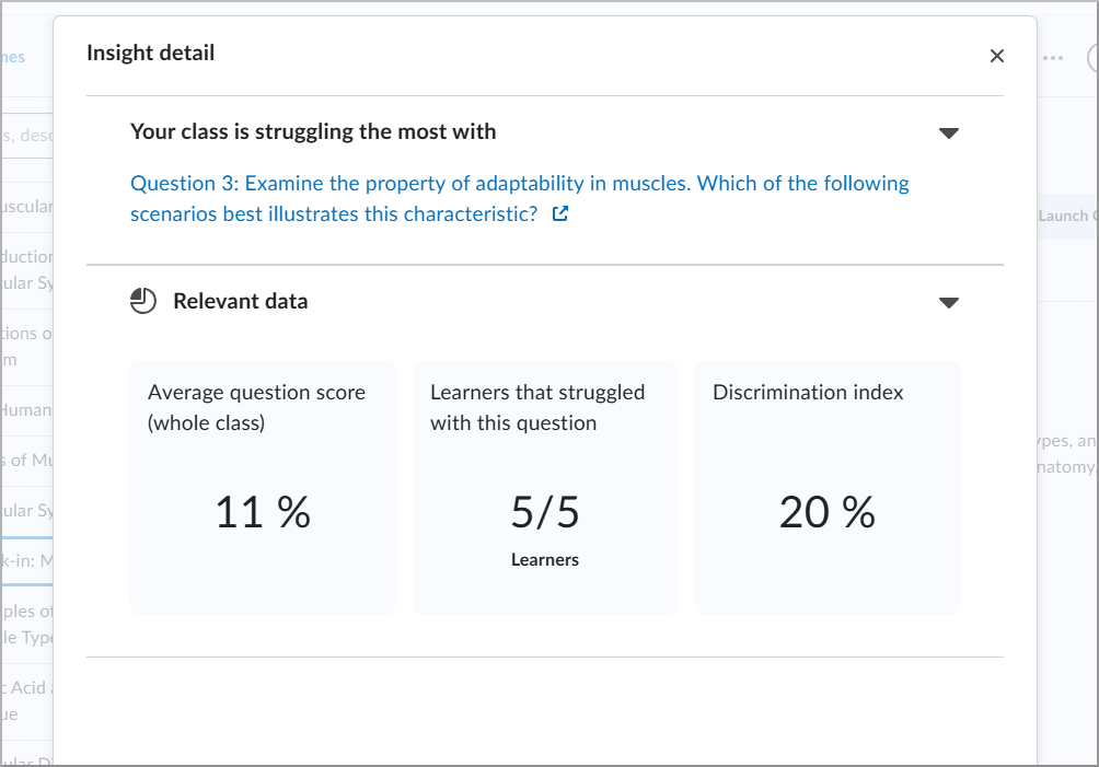Insight detail for Question 3 showing class struggle with average score, learners who struggled, and discrimination index.