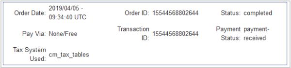 An order summary containing ID numbers, the payment type, and order status