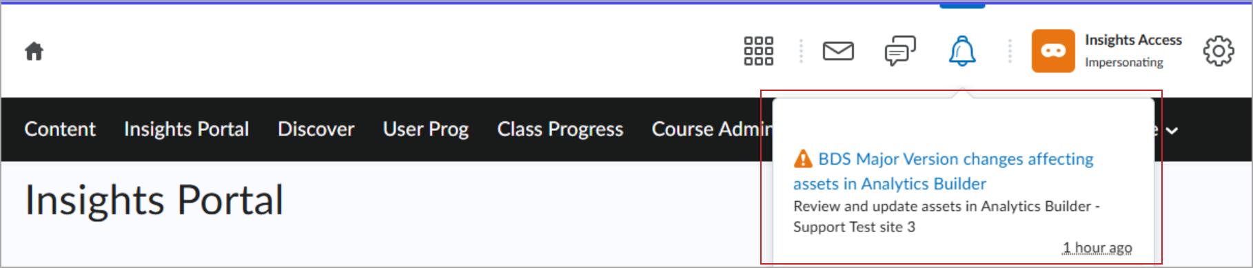 Notificação no Brightspace sobre Alterações de Versão Principal do BDS afetando itens no Construtor de Análises.