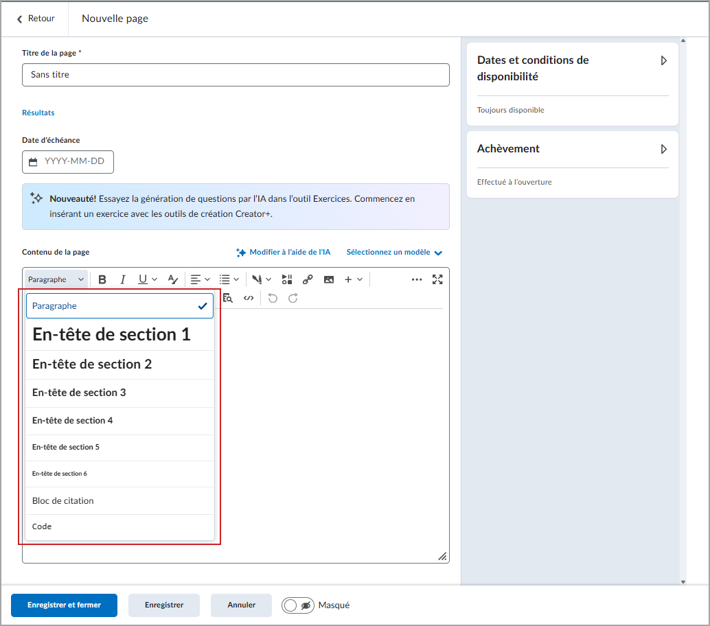 Le menu Format, qui affiche les en-têtes 1 à 6.