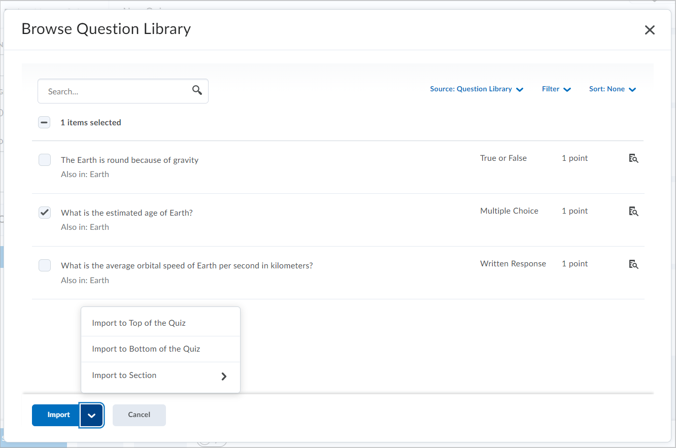 The Browse Question Library dialog. The Import drop-down list shows all import options.