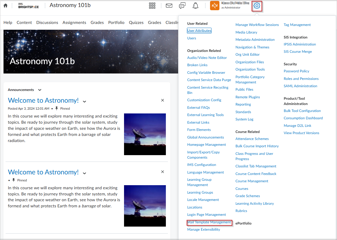 Het menu Beheertools van Brightspace® wordt geopend met Beheer e-mailsjablonen gemarkeerd onder Organisatiegerelateerde instellingen. Het pictogram Beheertools wordt eveneens bovenaan gemarkeerd.