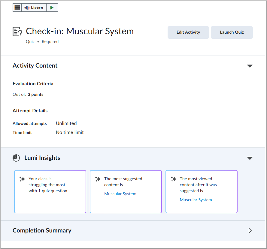 Quiz activity with Lumi Insights showing class struggles, suggested content, and content views.
