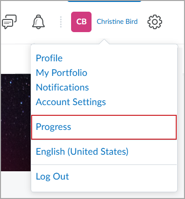 User menu open with Progress option highlighted under Profile section for class progress access