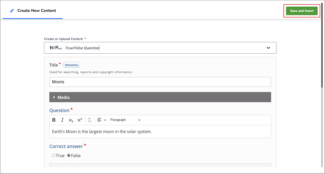 Create New Content dialog with Save and Insert highlighted.