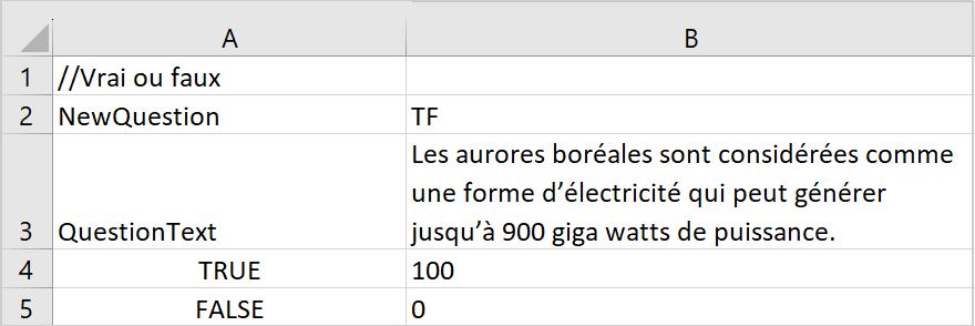 Un exemple de fichier CSV contenant une question de type vrai ou faux.