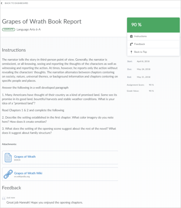 Assignment details in the Brightspace Parent & Guardian web application