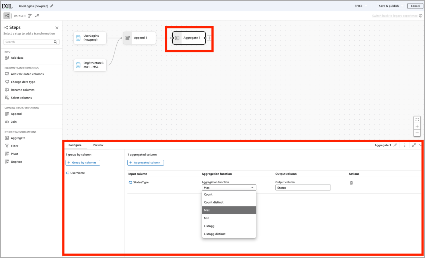 Analytics Builder with Aggregate step grouping by UserName and using Max on StatusType to create Status column.