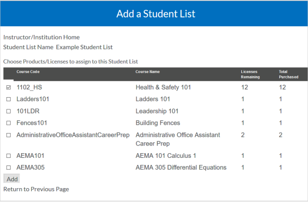 The Add a Student List with the Add button below