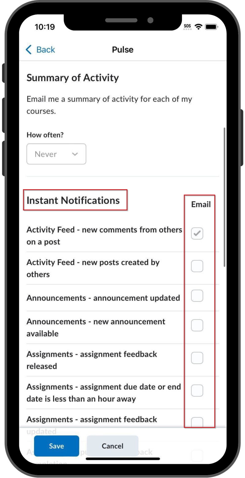 The Instant Notifications section with the Email checkbox column highlighted.