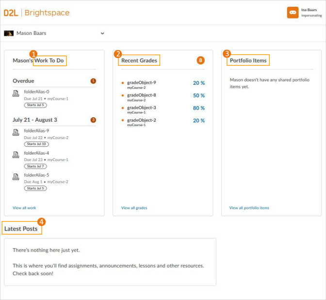 نظرة عامة مرئية على تطبيق Brightspace للأهل وولي الأمر