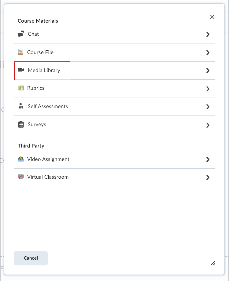 The Media Library option in the Course Materials dialog.