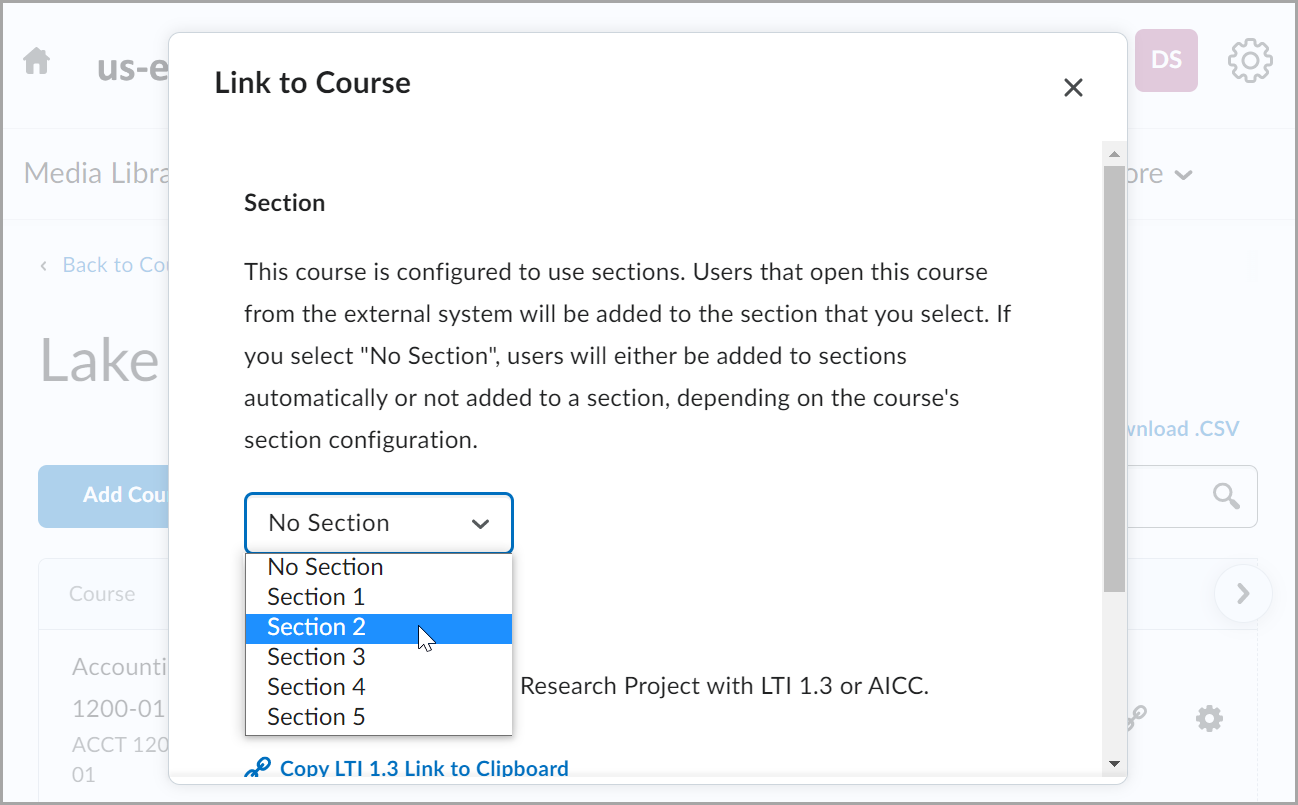 A janela Link para o curso contém a lista suspensa com os nomes das seções e o link Copiar LTI 1.3 para a Área de transferência