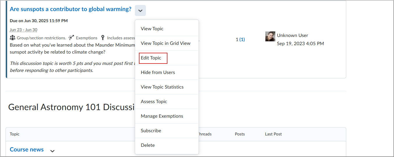 The Actions menu with Edit Topic highlighted.