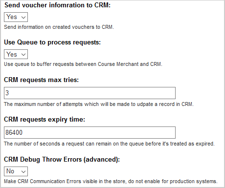 The CRM settings for vouchers, requests, and queues