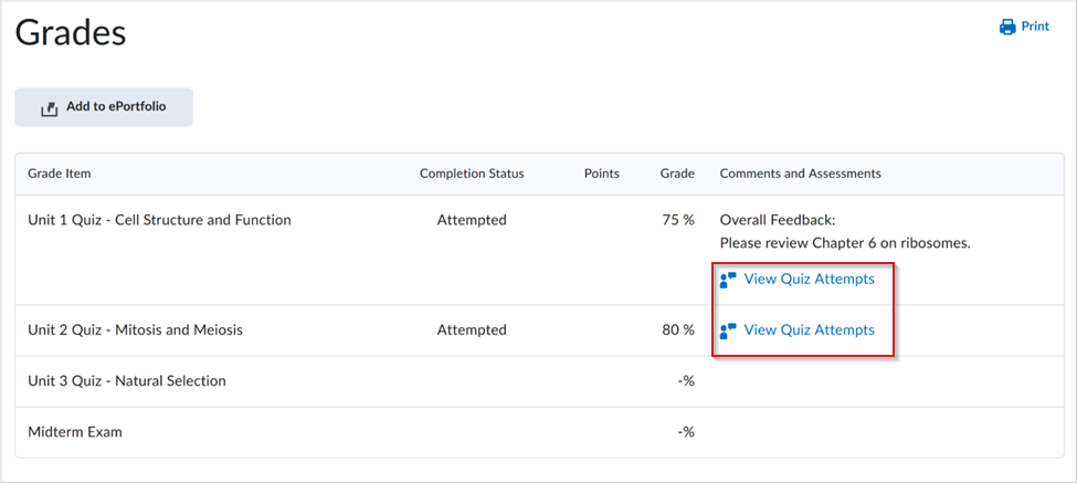 Grades page displaying quizzes with completion status, grades, and View Quiz Attempts links for feedback.